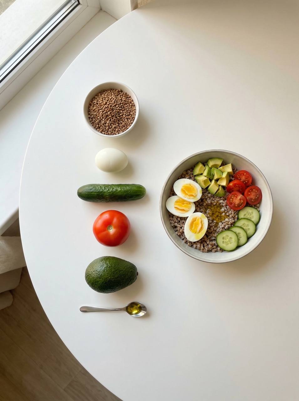 Buchweizen mit Ei, Avocado und Gemüse