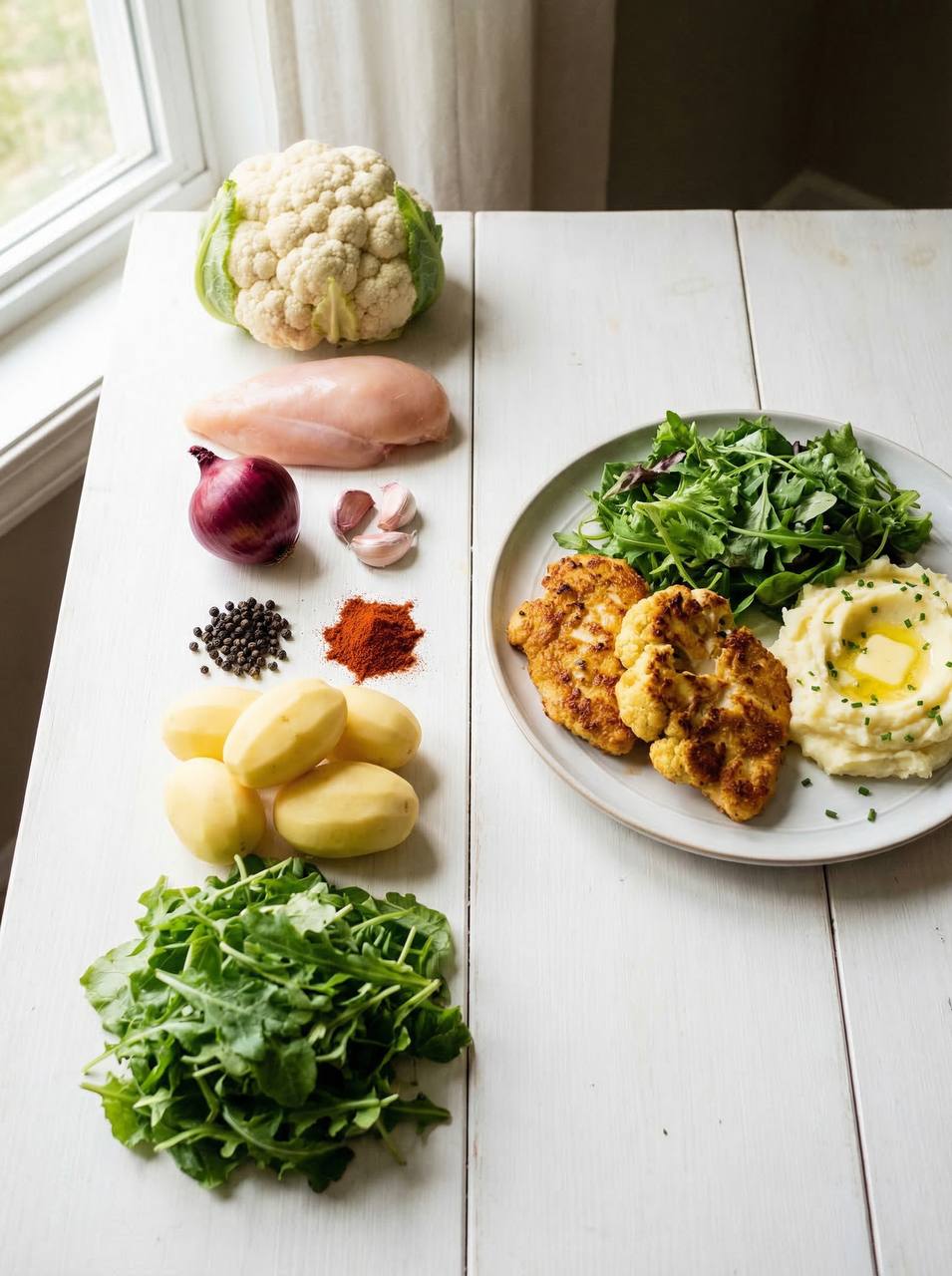 Hähnchen-Blumenkohl-frikadellen mit Kartoffelöstampf
