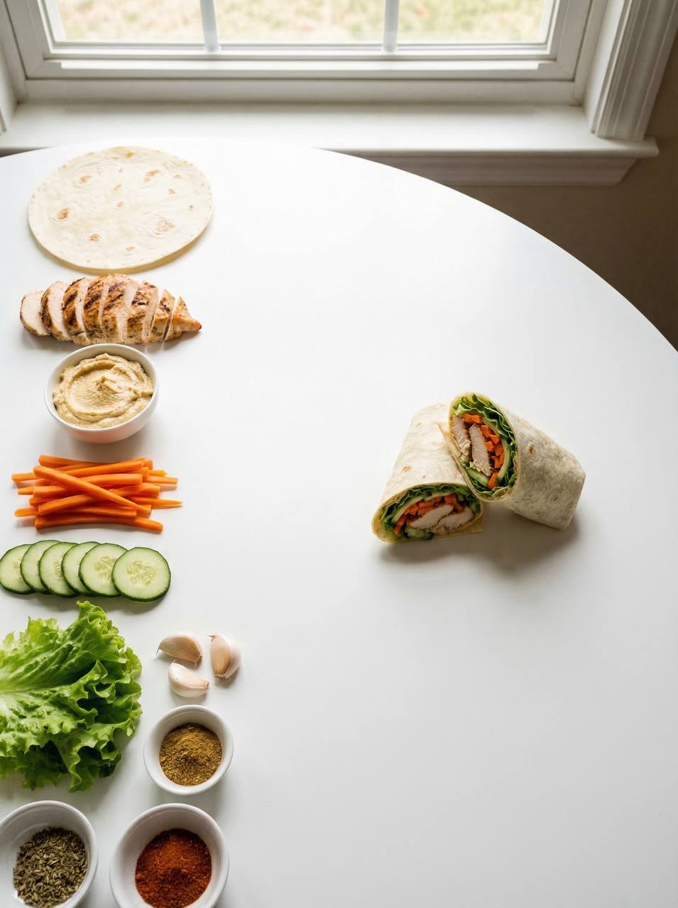 Hähnchen-Wrap mit Hummus und frischem Gemüse