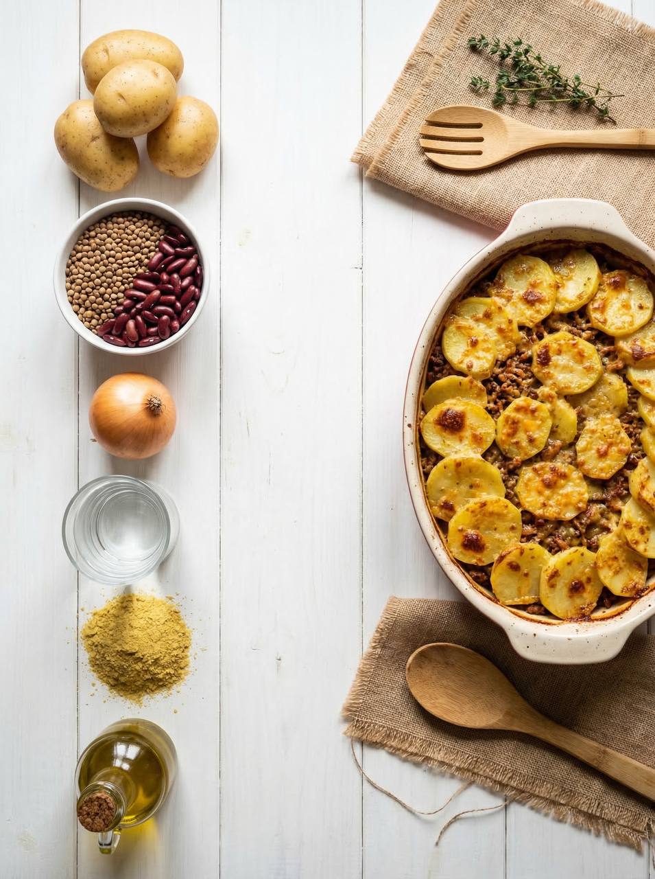 Gratin di patate vegano con "carne macinata" vegetale