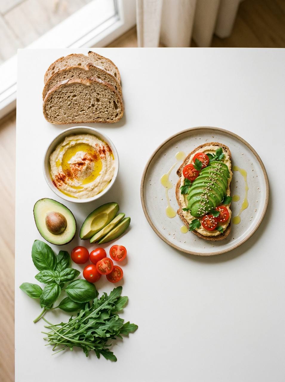 Toast integrale con hummus e avocado